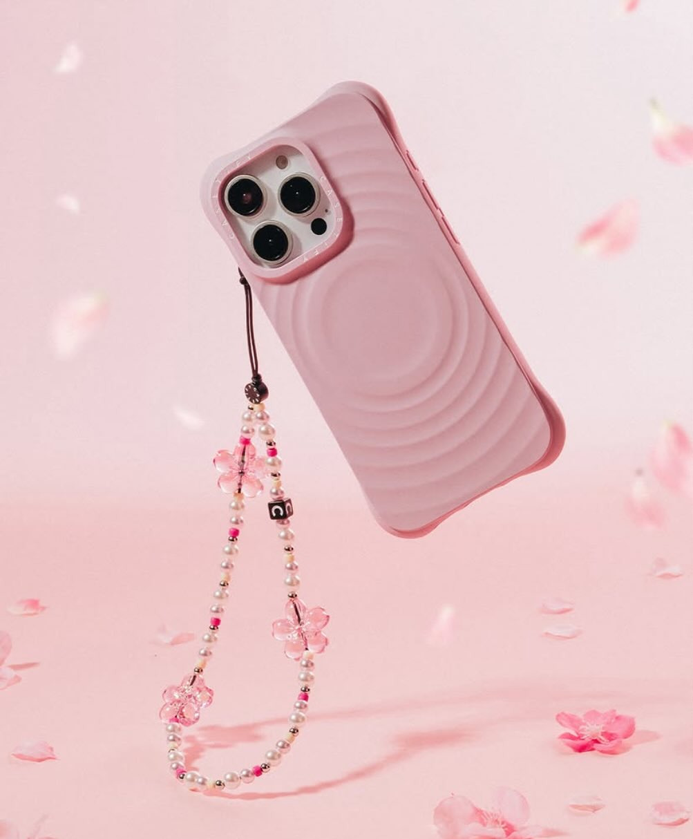 Cherry Blossom Ripple iPhone Grip Case with Beaded Strap – Primrose Pink