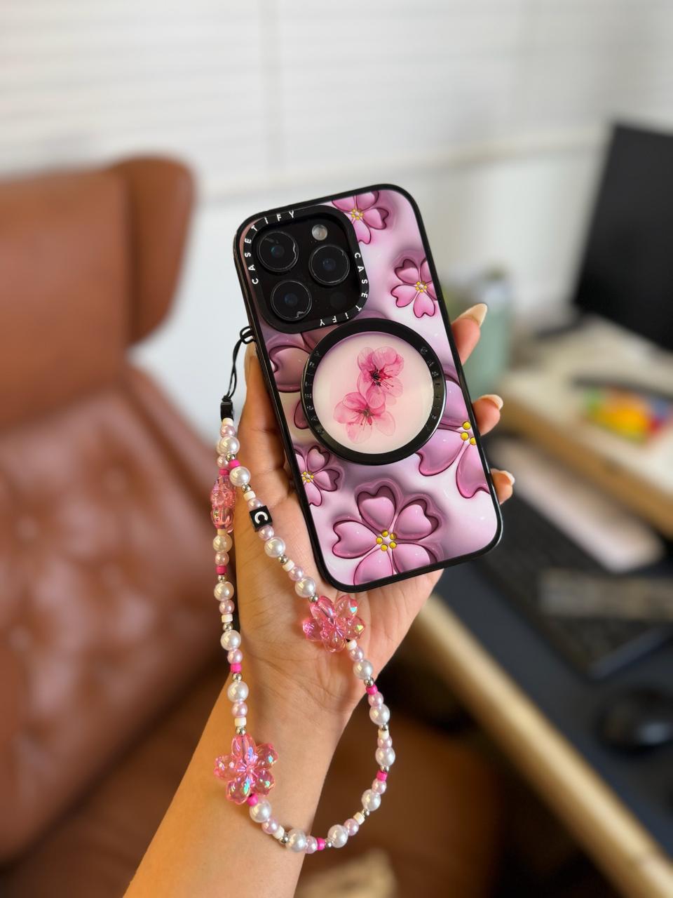 Cherry Blossom Pink iPhone Case with Matching Holder & Floral Beaded Charm
